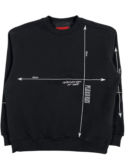 A black PLEASURES INTERSECTION CREWNECK sweatshirt with arrows embroidered on it.