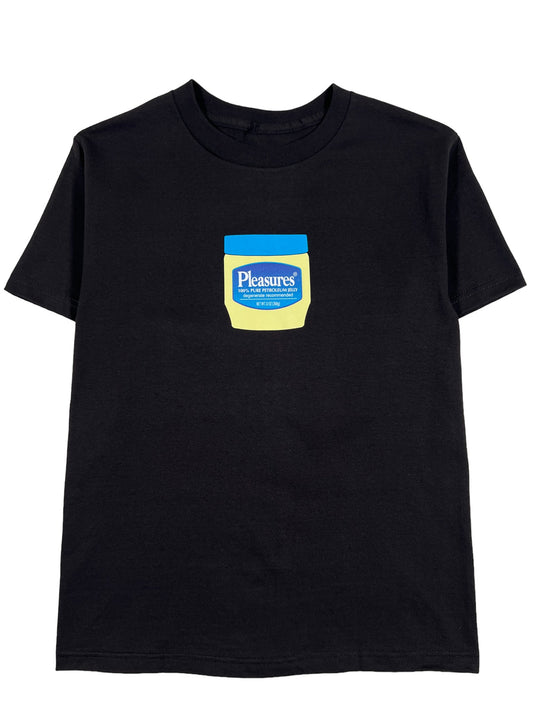 A stylish PLEASURES JELLY T-SHIRT BLACK with a graphic logo on it.