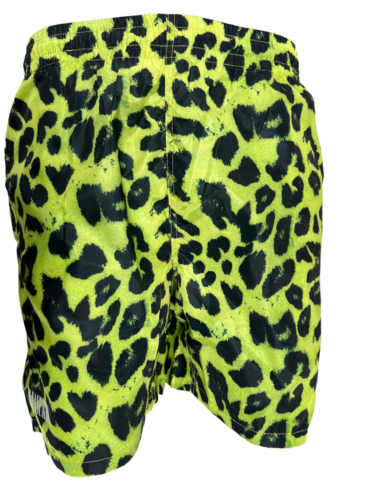 A pair of PLEASURES LEOPARD RUNNING SHORT LIME with leopard print and a relaxed fit.