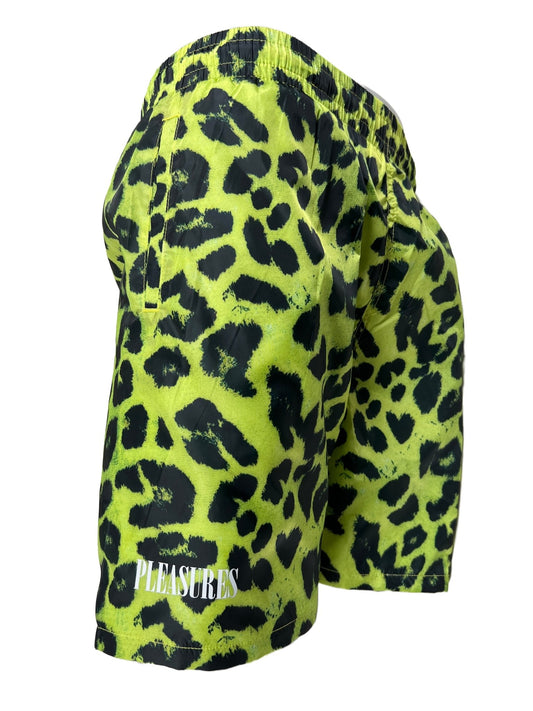 A pair of PLEASURES LEOPARD RUNNING SHORT LIME with a relaxed fit.