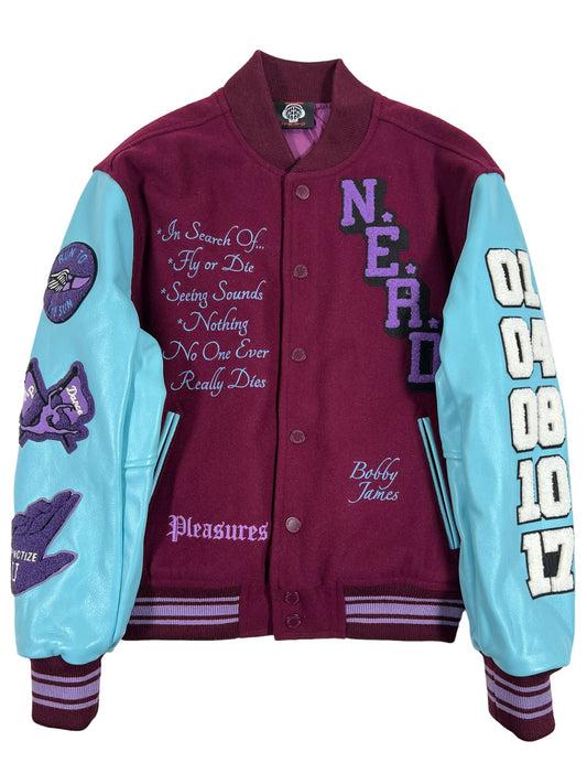 A maroon and blue varsity jacket, crafted from Melton wool, with the word "nerd" on it. - PLEASURES NERD VARSITY JACKET PURPLE by PLEASURES