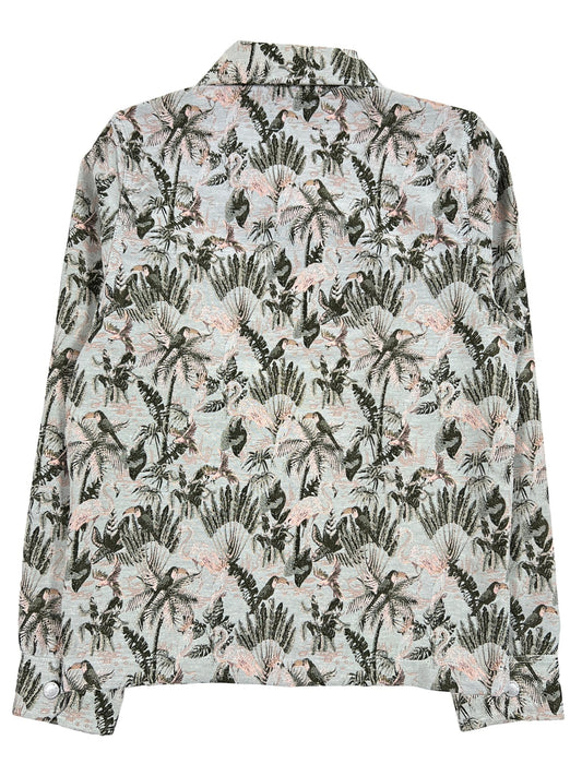 A PLEASURES PARROT WORK JACKET GREY with a tropical birds and palm print on it.