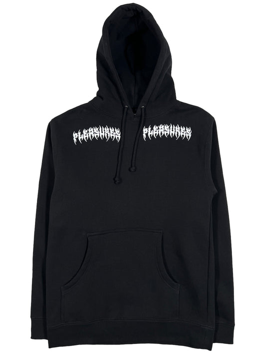A black PLEASURES RIPPED HOODIE BLACK with a white logo on it, designed for comfort.
