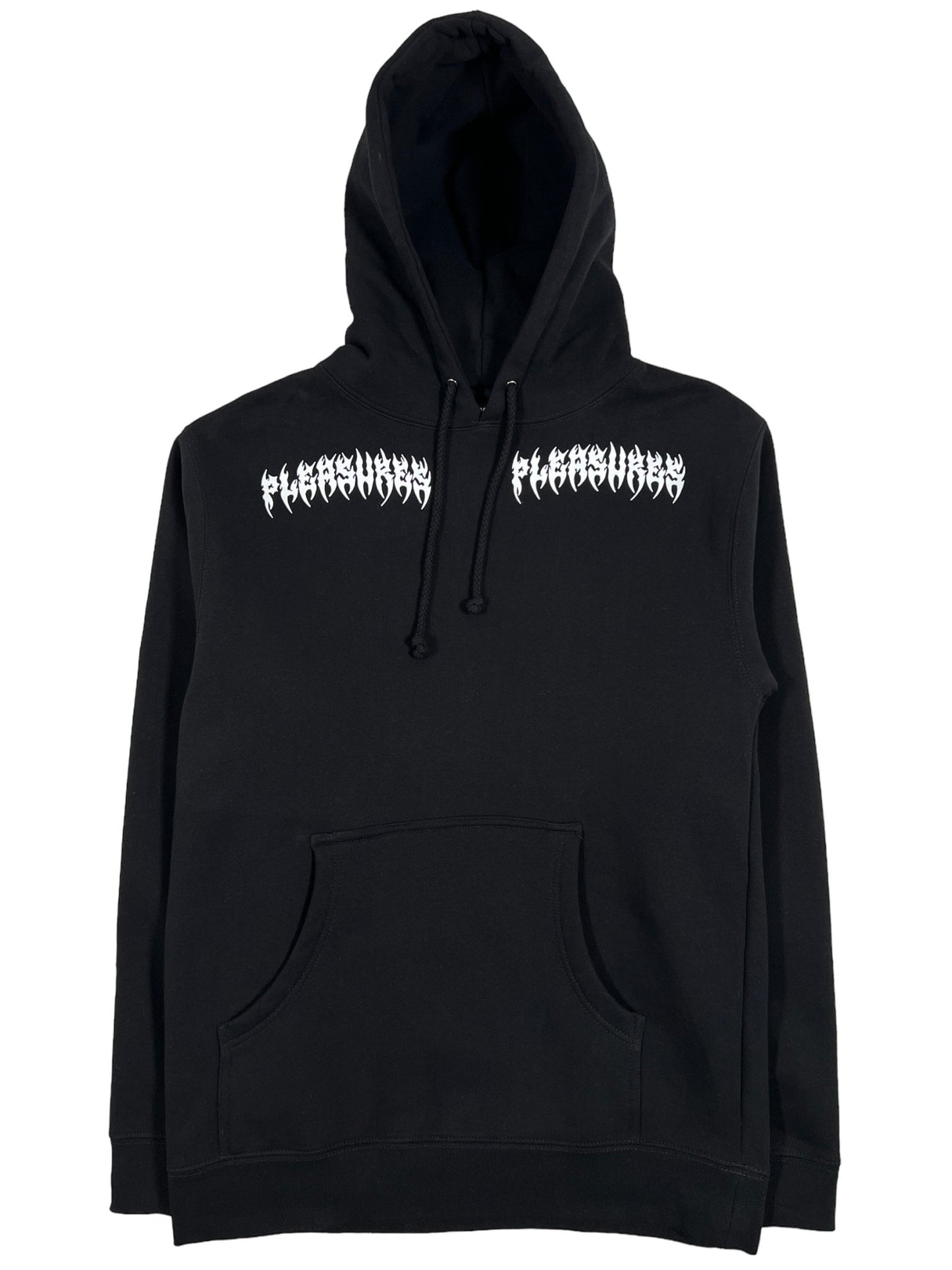A black PLEASURES RIPPED HOODIE BLACK with a white logo on it, designed for comfort.