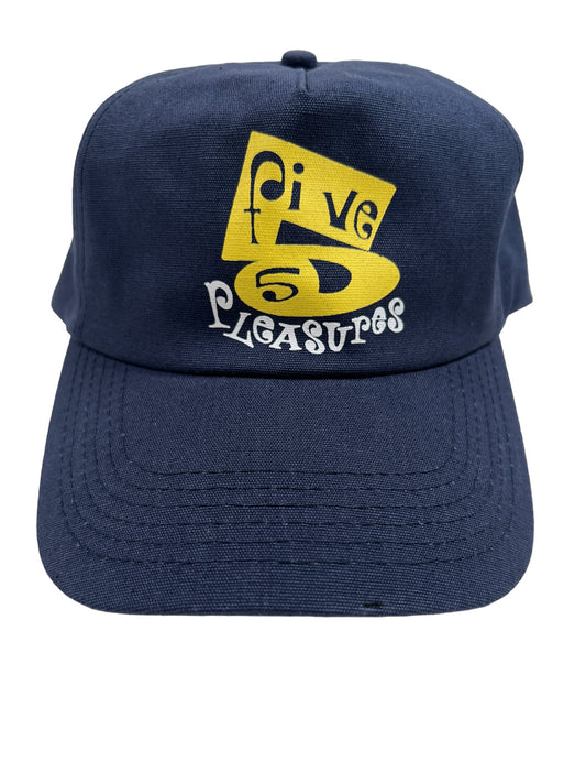 A PLEASURES navy cotton hat with a yellow logo on it.