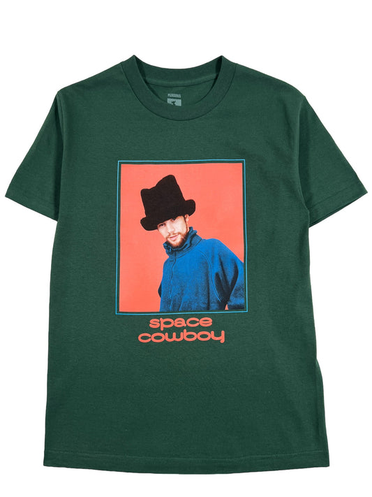 A Pleasures Space Cowboy T-shirt Hunter Green with a photo of a space cowboy in a hat.