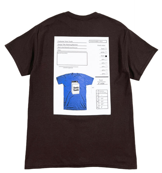 A brown graphic PLEASURES TECHPACK T-SHIRT with an image of a shirt on it, featuring the PLEASURES brand.