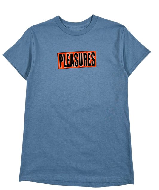 A PLEASURES cotton t-shirt with the word "pleasures" printed on it.