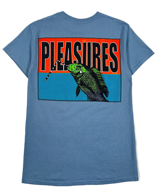 A blue cotton "PLEASURES THIRSTY T-SHIRT SLATE" with a fish printed on it that says PLEASURES.