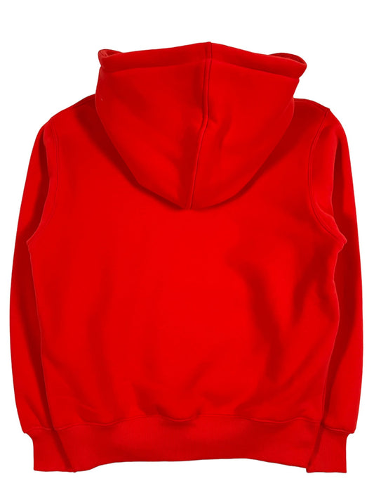 A red cotton PLEASURES TWITCH HOODIE ORG with a kangaroo pocket on a white background.