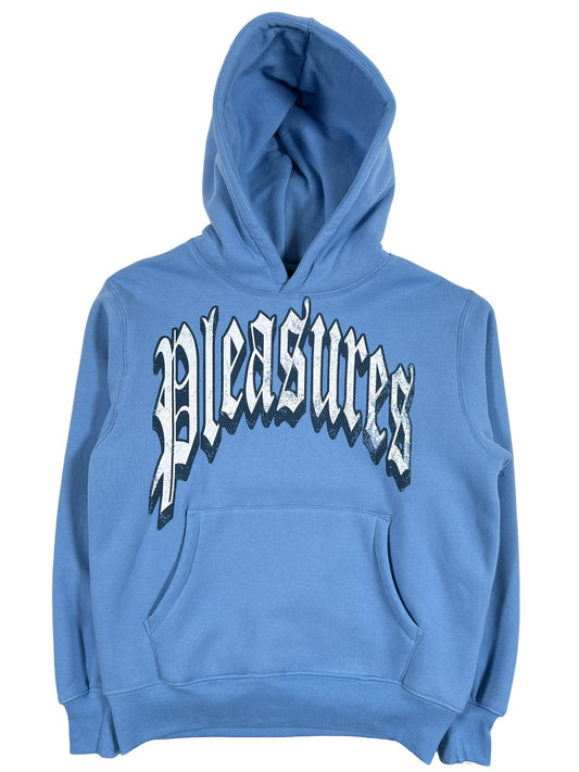 A vintage blue PLEASURES TWITCH hoodie with the word pleasures on it.