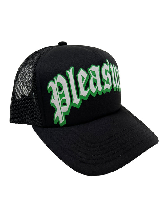 A black nylon trucker hat with the word "pleasure" on it and an adjustable snapback - PLEASURES TWITCH TRUCKER CAP BLK by PLEASURES.