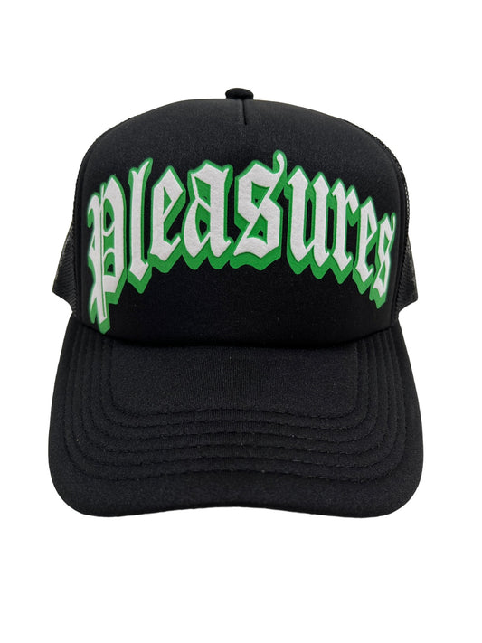 A black polyester PLEASURES hat featuring an adjustable snapback.