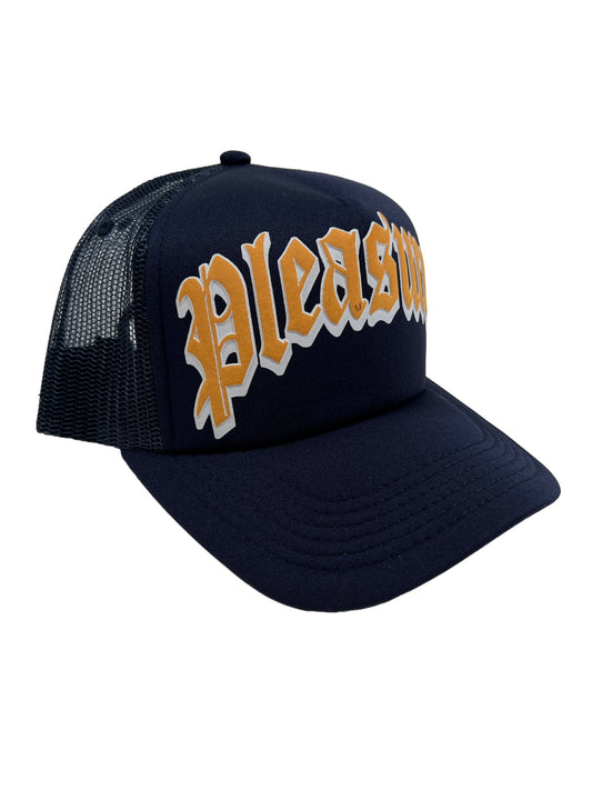A navy nylon PLEASURES TWITCH TRUCKER CAP NVY with an adjustable snapback.