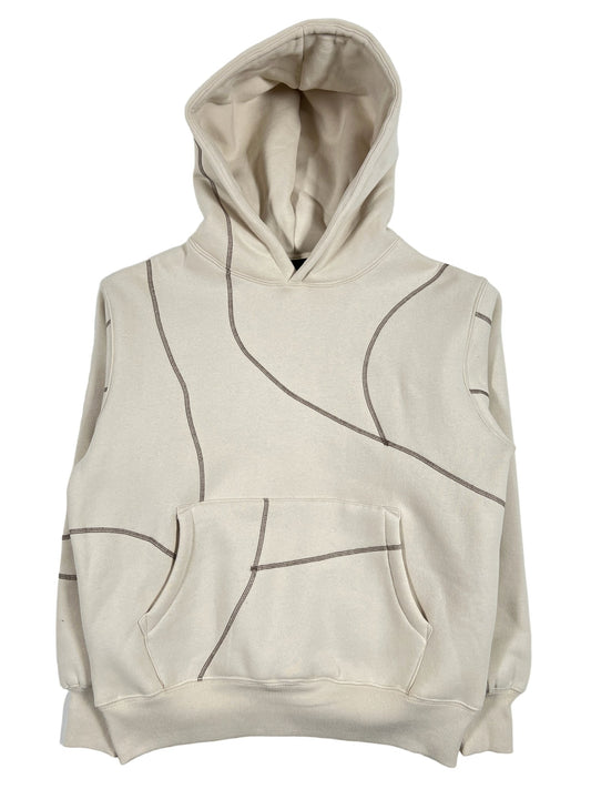 A white PLEASURES VEIN hoodie with black lines on it, made from ultra-soft material for added comfort.
