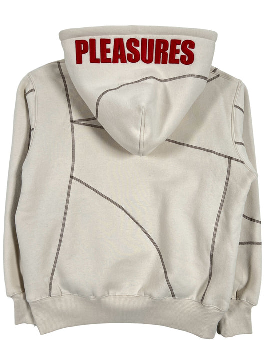 A white PLEASURES VEIN hoodie made from ultra-soft material, ensuring comfort.