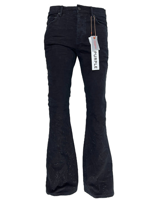 A pair of PURPLE BRAND P004-FFBL FLAMED FLARE BLACK jeans with a flame graphic and a tag on them.