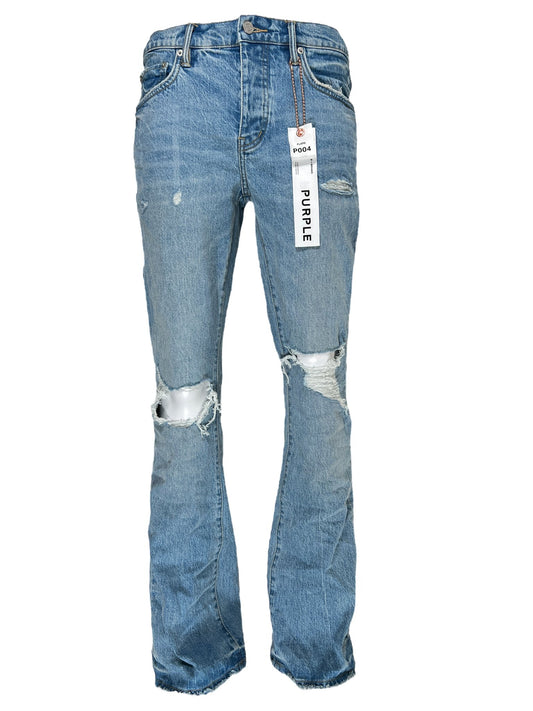 A pair of men's stretch denim jeans with a tag on them from PURPLE BRAND P004-RPFL RIPPED FLARE LT INDIGO.