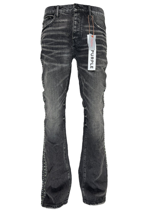 A pair of PURPLE BRAND men's boot-cut jeans with a tag on them.