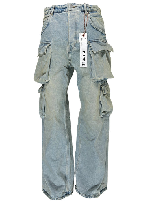 A pair of PURPLE BRAND P018-BGLI RELAXED DOUBLE CARGO LT INDIGO denim cargo pants with mid-rise and cargo pockets on a mannequin.
