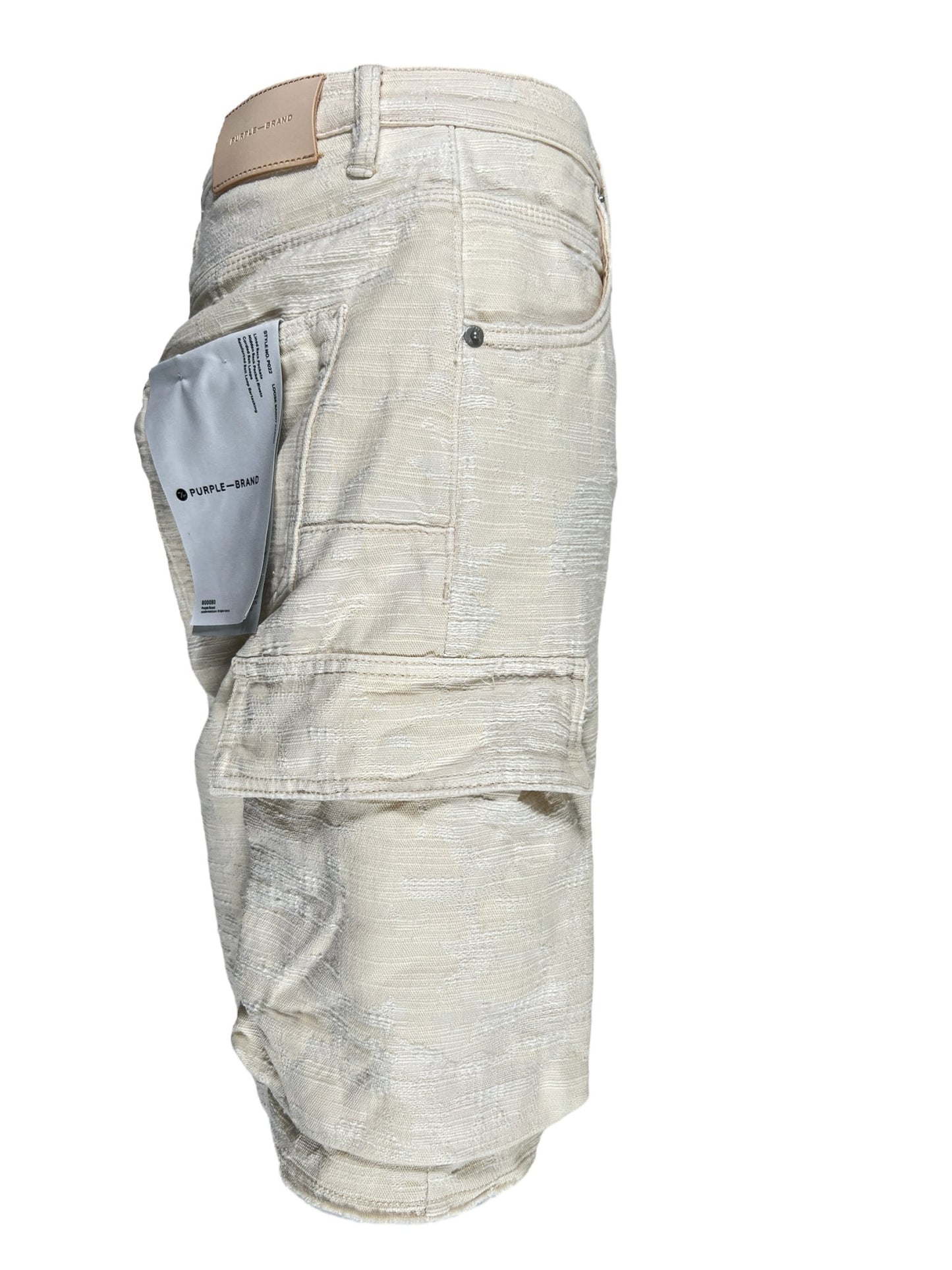 A pair of PURPLE BRAND P022-JCSW Jacquard cargo shorts with pockets on a white background.