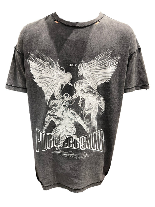 A black cotton tee with a graphic image of an angel on it. - PURPLE BRAND P101-JFBB TEXTURED INSIDE OUT TEE BLACK