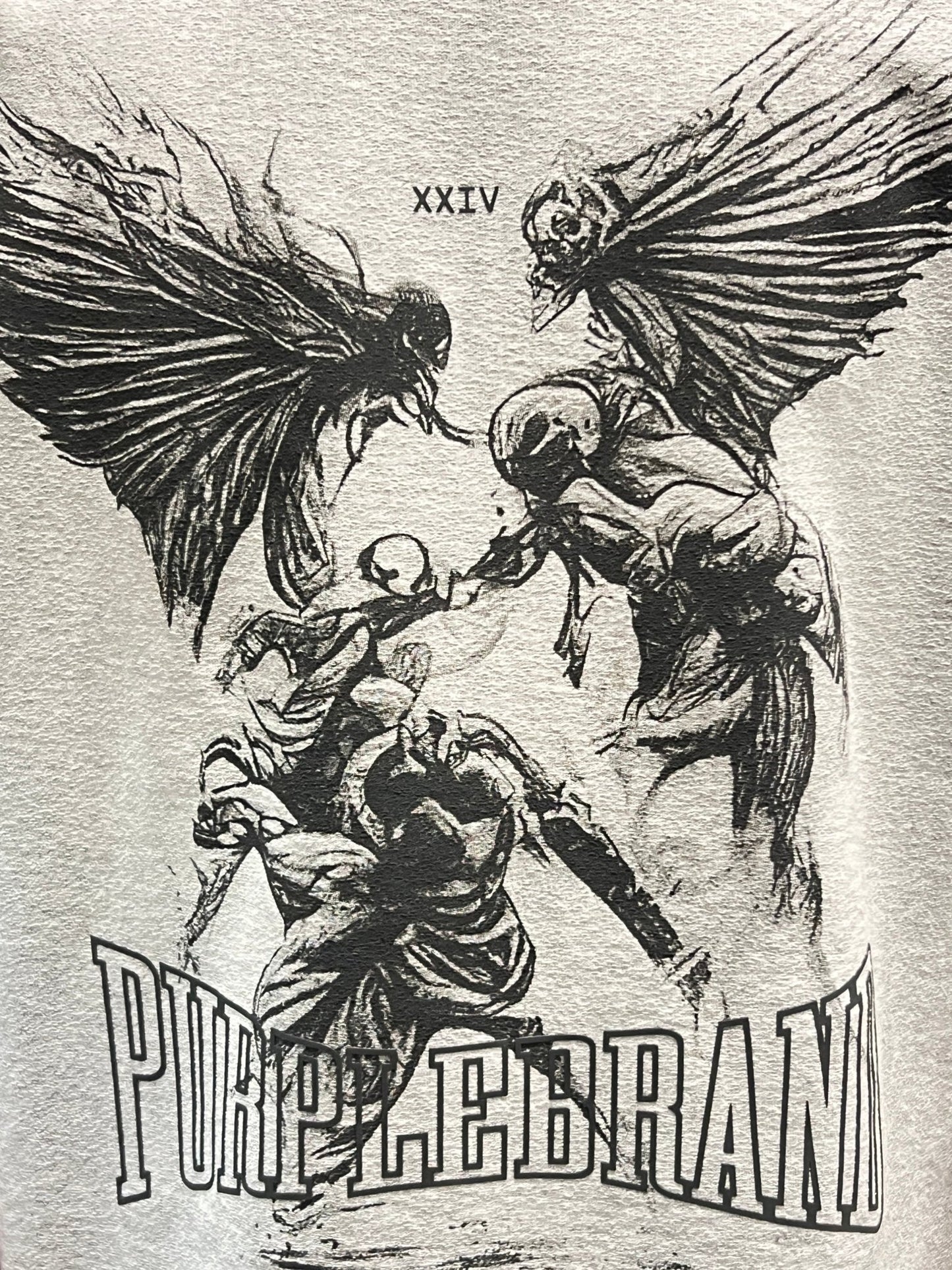 The back of a PURPLE BRAND P101-JFHG224 TEXTURED INSIDE OUT TEE HEATHER with a graphic image of an angel and a demon.