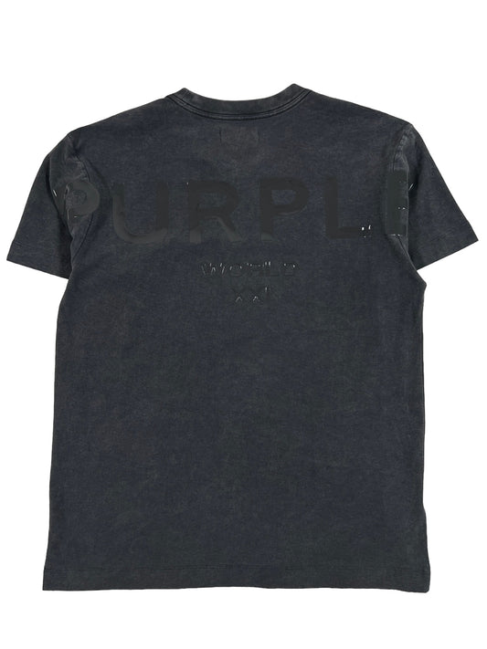 A faded black PURPLE BRAND P104-JBBW TEXTURED JERSEY SS TEE with the word "purple" in large, distressed letters from PURPLE BRAND and "whited art" in smaller text below.
