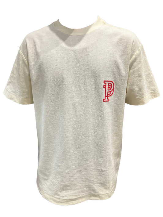 A 100% Cotton, white graphic t-shirt with the letter p on it from PURPLE BRAND.