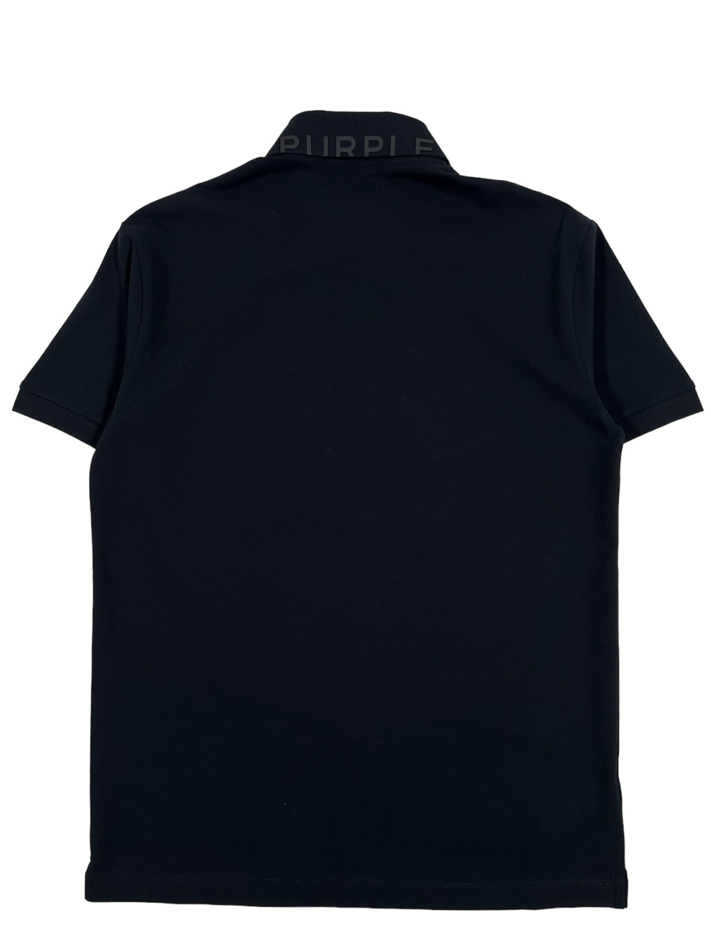 The back of a PURPLE BRAND P125-MPBP PIQUE KNIT POLO BLACK shirt.