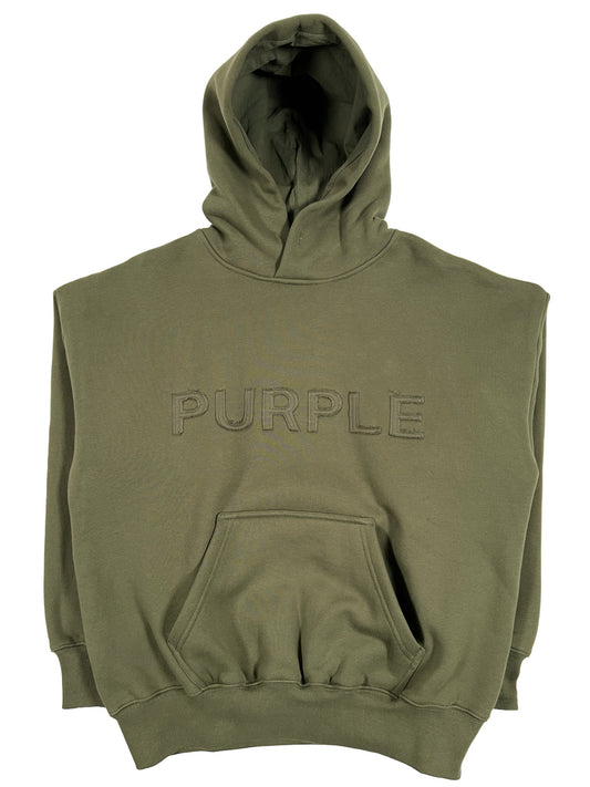 An olive green PURPLE BRAND HOODIE P401-HWMO HWT FLEECE PO HOOD GRN with the word "PURPLE" from PURPLE BRAND on it, making it a comfortable choice.
