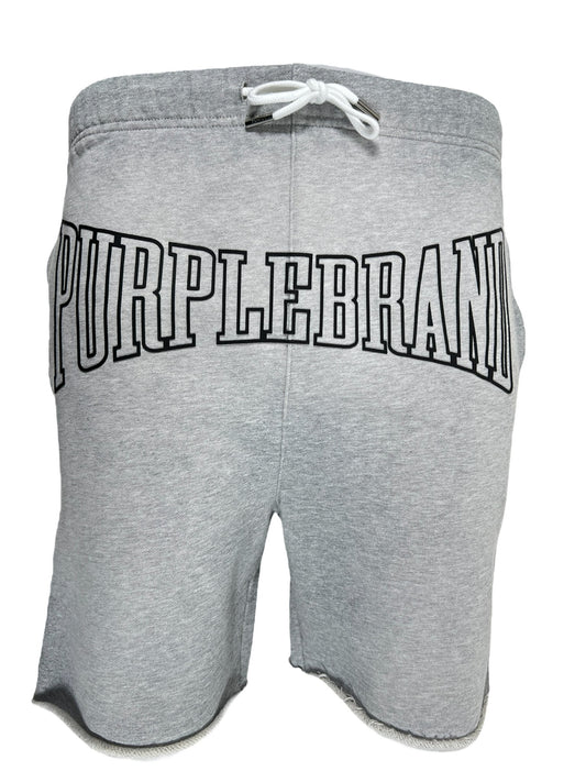 A grey fleece short with the word PURPLE BRAND P446-MFHG MWT FLEECE SWEATSHORT HEATHER on it, featuring a relaxed fit and an elastic waistband.