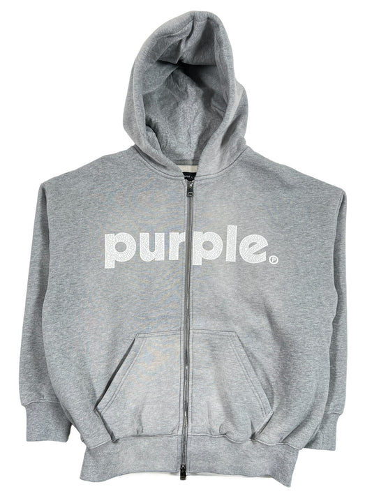 A comfortable grey PURPLE BRAND HOODIE P460-FHGL HWT FLEECE FULL ZIP HOOD HEATH with the word "purple" on it from the purple brand.