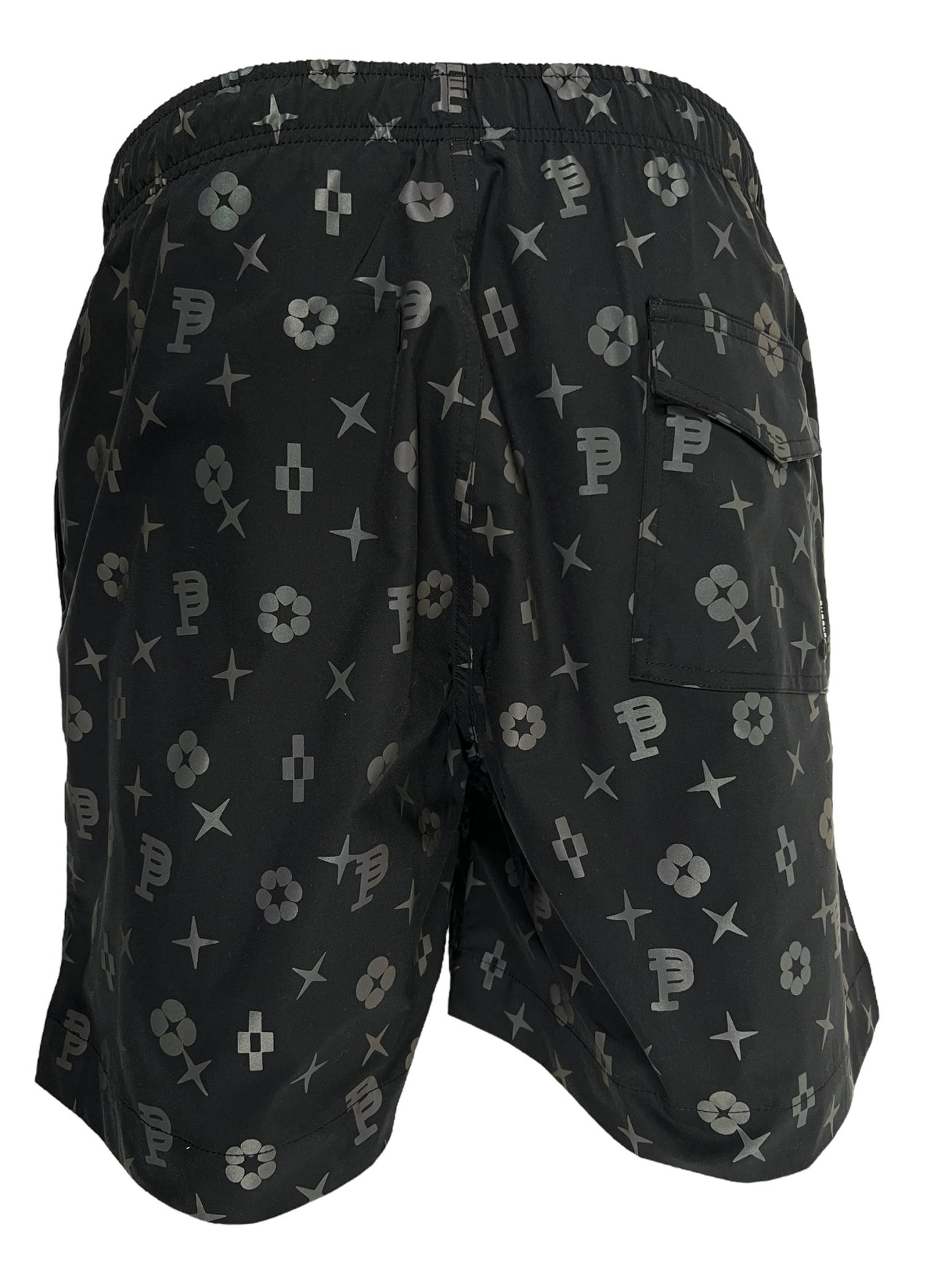 A pair of black shorts with a gray floral and geometric pattern, featuring an elastic waistband and a side pocket. These PURPLE BRAND P504-PBBH ALL ROUND SHORT AOP showcase a unique design perfect for standout summer style.