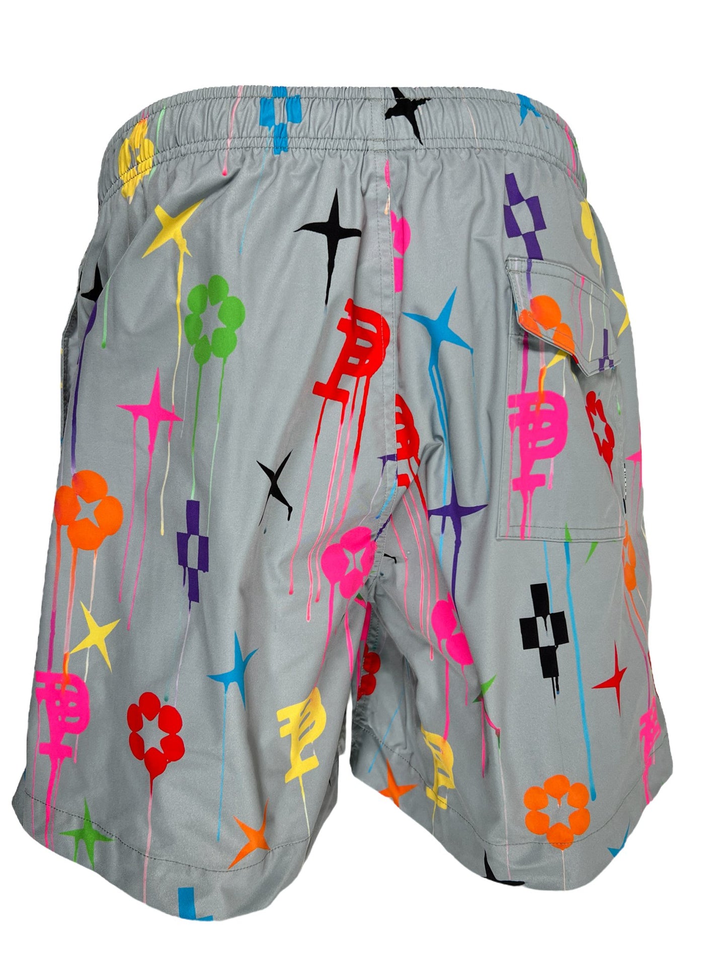 Gray shorts featuring a vibrant print of various symbols, including flowers and abstract shapes. The PURPLE BRAND P504-PGPM ALL ROUND SHORT AOP, part of the PURPLE BRAND collection, have an elastic waistband and a pocket on the right side.