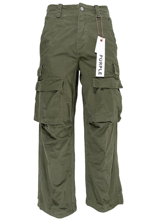 A pair of Purple Brand cargo pants with drawstring ties and a tag on them.