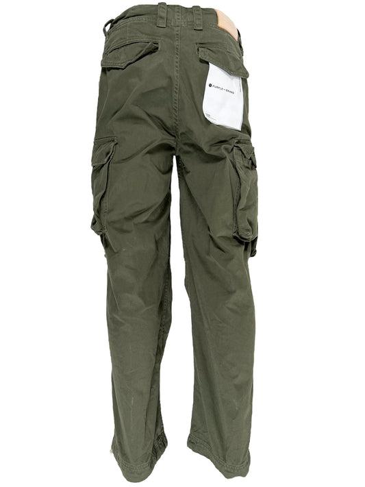 A pair of Purple Brand cargo pants in olive green with drawstring ties for added comfort.