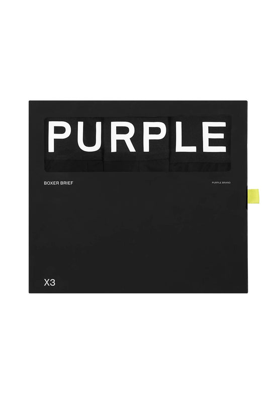 A black elastic boxer brief with the word PURPLE on it: PURPLE BRAND P802-MCBB 3 PACK BOXER BRIEFS BLACK.