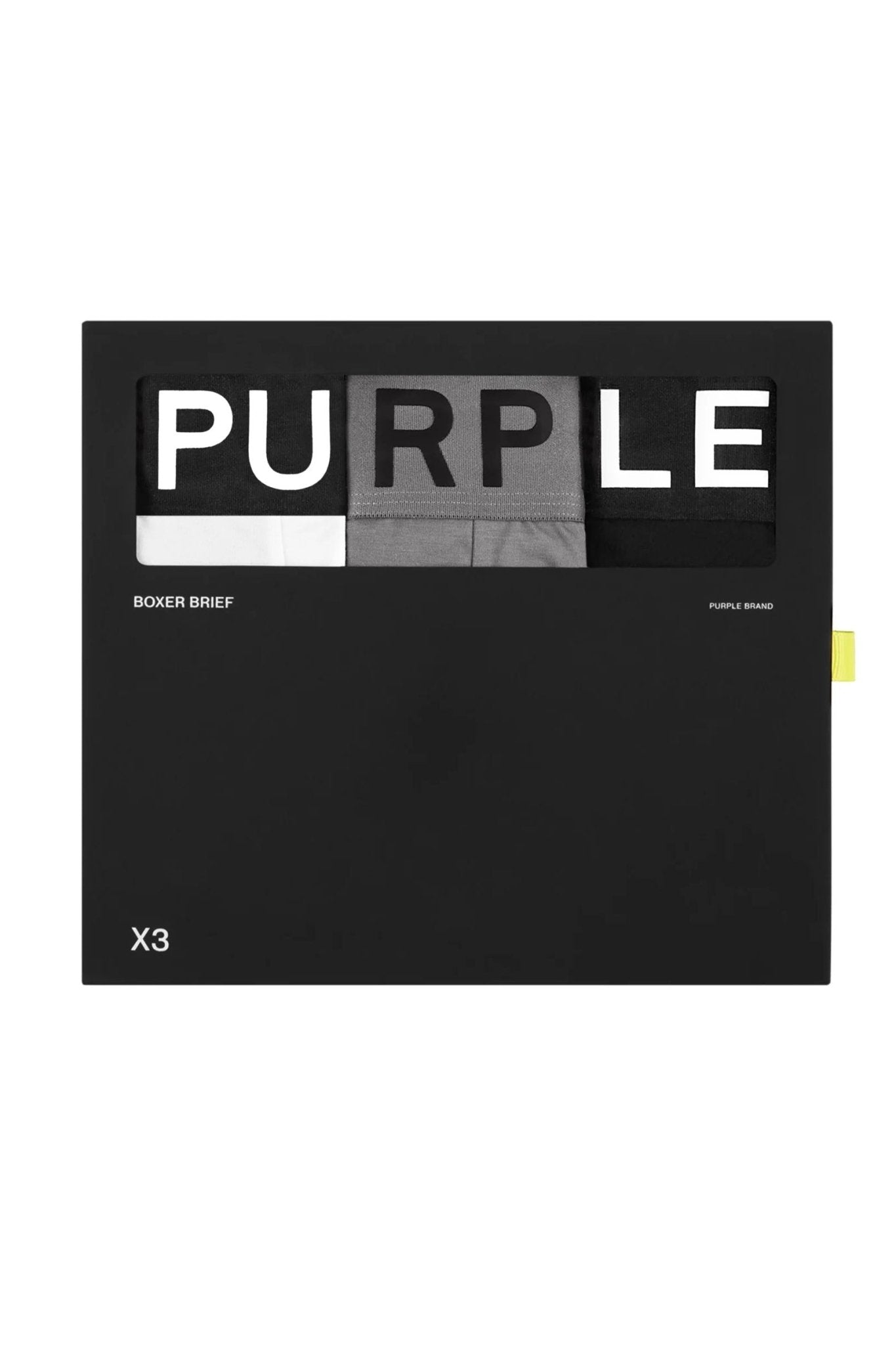 A black and white PURPLE BRAND P802-MCMG 3 pack boxer brief with the word purple on it.