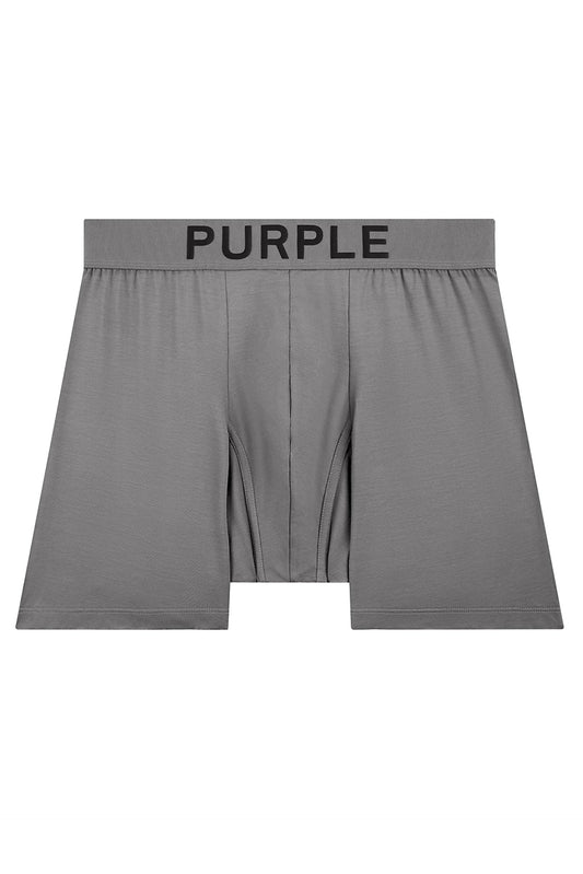 A PURPLE BRAND P802-MCMG 3 PACK BOXER BRIEFS in grey with the word purple on it, designed with an ergonomic support system.