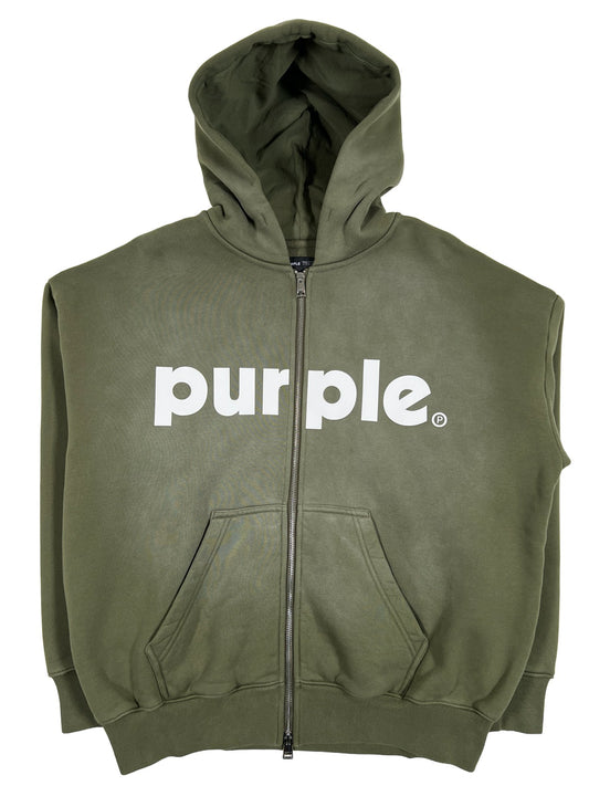 An olive green zip-up hoodie with the word "PURPLE BRAND" on it.
