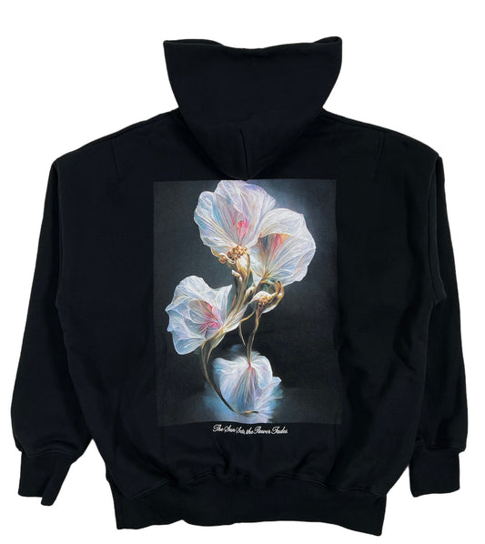 A PURPLE BRAND black French Terry cotton hoodie with white flowers on it.