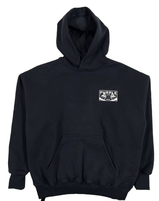 A black Purple Brand French Terry cotton hoodie with a white logo on it.