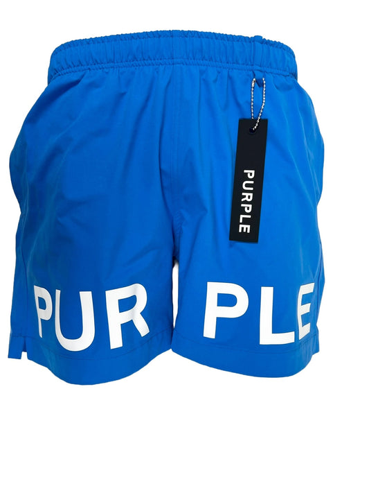 A Blue swim short with the word "purple" on it, featuring moisture-wicking technology.