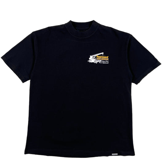 A black REPRESENT M05232 DESIGN AND CONSTRUCTION S/S T-SHIRT with a yellow Portugal logo on it.