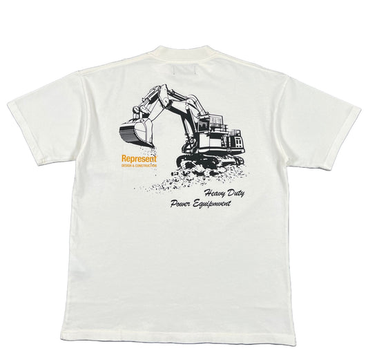 A white REPRESENT M05232 DESIGN AND CONSTRUCTION S/S T-SHIRT made in Portugal with an image of an excavator and crafted from 100% cotton.
