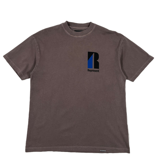 A brown REPRESENT M05233 DECADE OF SPEED T-SHIRT with a blue mushroom logo on it.