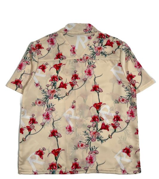 A REPRESENT M06108 floral shirt cream with red flowers on it, featuring an oversized fit.