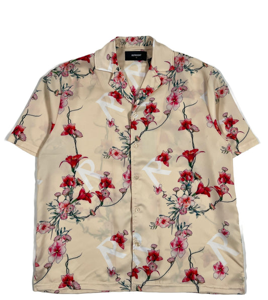 A REPRESENT M06108 Floral Shirt Cream with red flowers on it and a Cuban collar.