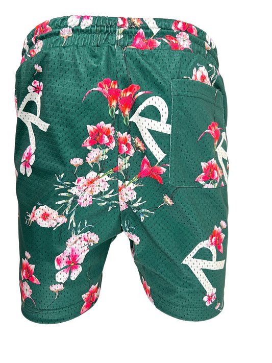 A REPRESENT green and pink floral mesh swim shorts.